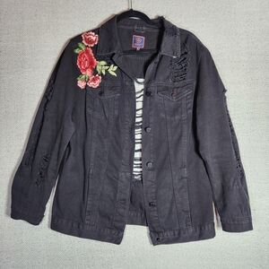 Boom Boom Jeans Black Denim Jacket Medium Red Pink Rose Embroidery Distressed